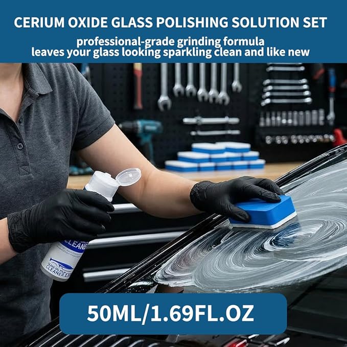 Glass Polish kit,1.69 Fl Oz cerium oxide glass polish compound with polishing brush,glass scratch remove,Oil Film Cleaner,Glass Cleaner, Removes Stains and Water Spots, for Cars Glass and Mirror