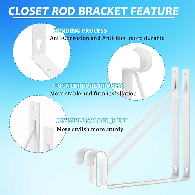 8 Pack Heavy Duty Closet Shelf & Rod Brackets 11 x 11 Inch, 300lbs Wall Mounted Closet Shelves Bracket with Rod Shelving Support, Closet Pole Supports Bracket Holder with Screws, White