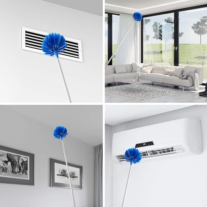 Cobweb Duster with Extension Pole, Washable Cleaning Duster Kit with 2 Duster Heads, Cobweb Duster, Corner Brush, Aluminum Telescoping Pole for Ceiling Fan (Blue)