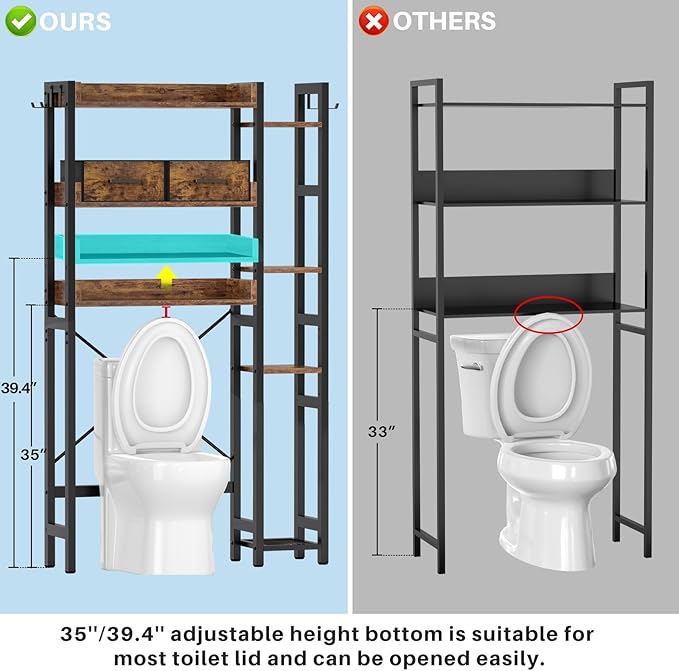 Over The Toilet Storage with 2 Drawers - 7 Tier Bathroom Organizer with Adjustable Shelf, Freestanding Space Saver Storage Rack Above Toilet Stand with 4 Hooks for Restroom, Laundry, Rustic Brown