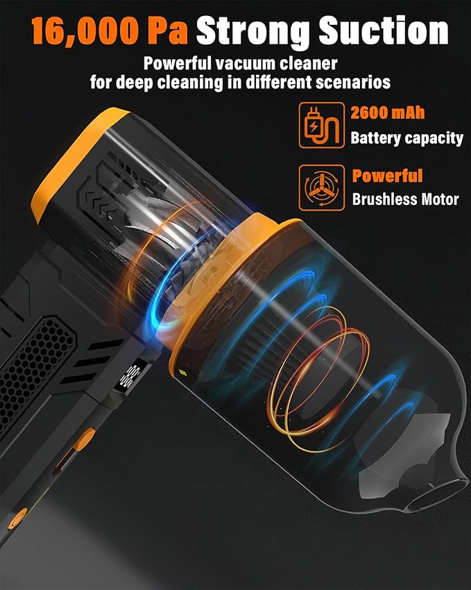 Compressed Air Duster, 130K RPM Powerful Cordless Mini Blower with Display, 10-Gear Adjustable Car Vacuum with Fast Charging, Rechargeable Handheld Vacuum for Home, Outdoor and Car (Black, 2-in-1)