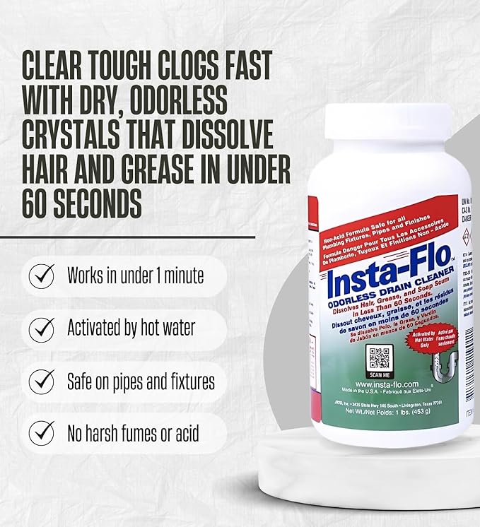 Insta-Flo Crystals Drain Cleaner 1 lb Bundle with Microfiber Cloth – Powerful Crystal Lye Opener for Clog Removal – Safe and Effective for Household Pipes – Gift Set (2 Items)