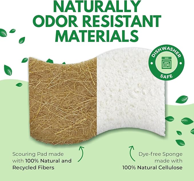 Natural Kitchen Sponges (6 Pack) - Biodegradable Cellulose & Coconut Scrubber Dish Sponges for Kitchen - Eco-Friendly, Non Scratch, Compostable, Non Toxic S-Shaped Natural Sponges for Dishes