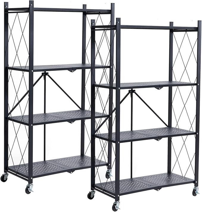 BRIAN & DANY Metal Storage Shelves - 4 Tier Shelving Unit, Folding Display Shelf Racks No Assembly for Vendors and Craft Shows, Black (2Pcs)