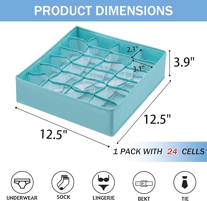 Foldable Storage Cubes Drawer Underwear Organizer Dividers， under Cabinet Organizer 24-Cell Fabric Storage Boxes for Lingerie,Socks,Ties（Light Green）