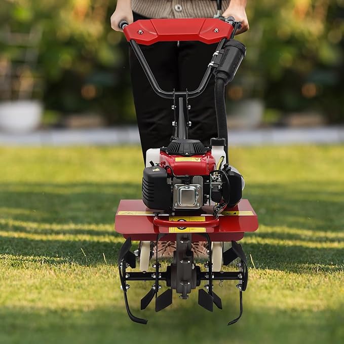 63CC Gas Powered Tiller, 4 Stroke Gas Powered Rototiller, 13.7 Inch Tilling Width, for Garden, Lawn, Greenhouses,Soil Cultivation and Orchards ﻿
