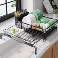 Kitsure Extendable Dish Drying Rack - Rust-Resistant Dish Racks for Kitchen Counter with Adjustable Support Legs, Cutlery Holder & Removable Draining Tray (Black, 15.6''-25.2''L × 16.9''W × 8.1''H)
