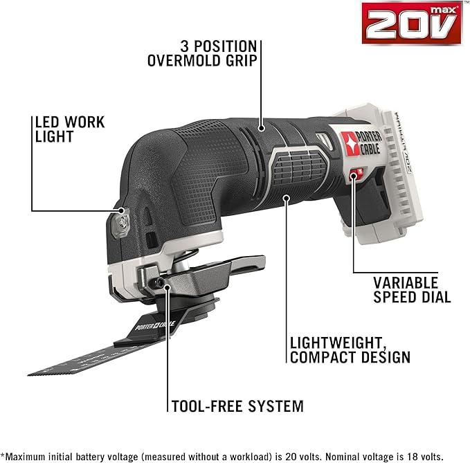 PORTER-CABLE 20V MAX* Oscillating Tool with 11-Piece Accessories, Tool Only (PCC710B)