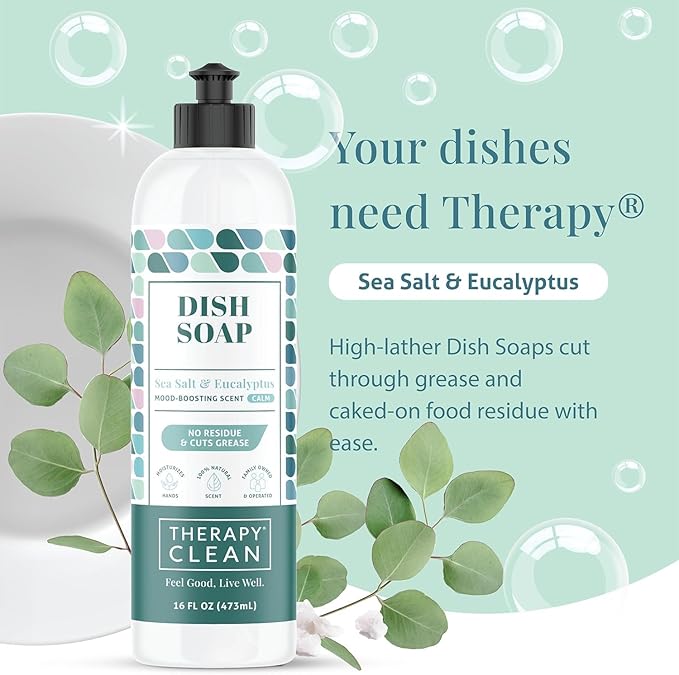 Therapy Clean Plant Based Dish Soap Liquid - Sea Salt & Eucalyptus fl. 16 oz (Pack of 3) - Non Toxic Dish Soap Liquid, All Natural Scent, Organic Dishwashing Cleaner and Detergent for Kitchen