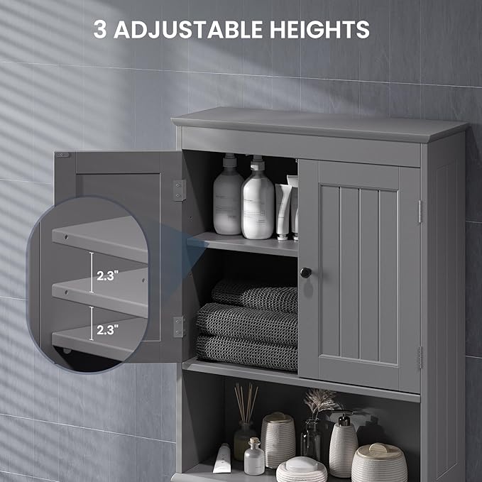 Bealife Over The Toilet Storage Cabinet with Open Shelf, Organizer with Adjustable Shelf and Double Doors,Over The Toilet Storage Shelf Free Standing (Grey)