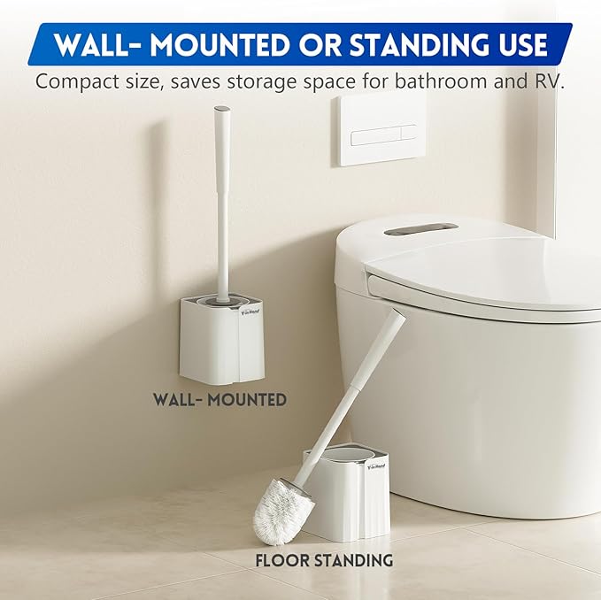 Toilet Bowl Brush and Holder Set, Compact Toilet Scrubber Brush for RV and Bathroom Cleaning, Durable Classic 360°PP Bristle, Drip-Proof, Wall Mountable.（White）