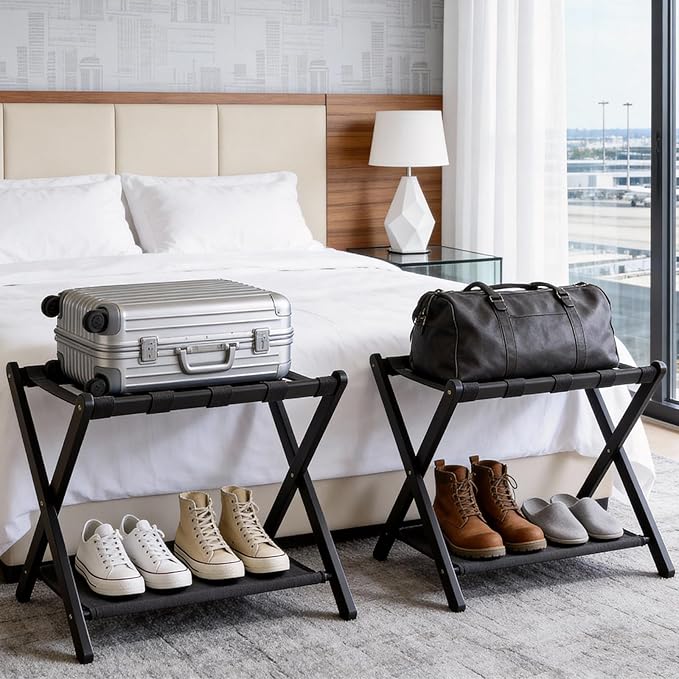 Fully Assembled Black Luggage Rack for Guest Room, Bamboo Folding Suitcase Stand with Fabric Storage Shelf, 5 Nylon Straps, Upgraded Luggage Rack Holder for Bedroom Hotel, Holds up to 165 Lbs, 1pcs