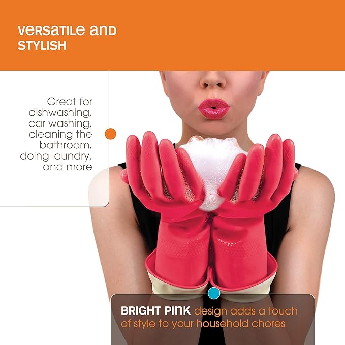 Casabella Premium Waterblock Reusable Household Cleaning Gloves, Medium, Pink (Pack of 2)