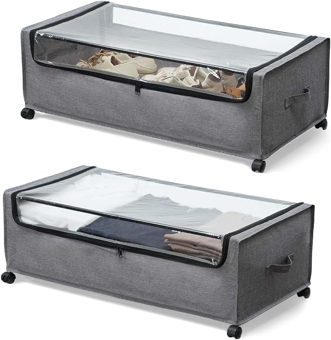 FOUCSSOMEI Under Bed Storage with Wheels, Rolling Under bed Storage with Metal Frame, Under Bed Shoe Storage for Space Saving, Zippered Clear Lid, Heavy-Duty Steel Base for Clothes,4XL 90L