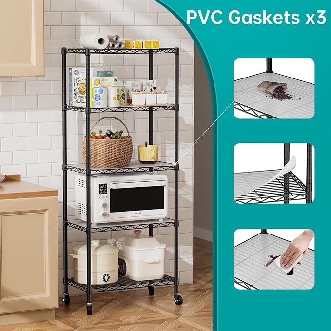 SINGAYE 5 Shelf Storage Wire Shelves Closet Bathroom Organizers Metal Pantry Kitchen Garage Shelving Unit Laundry Room Organization Home Narrow Rack Net Basket with Wheels Black