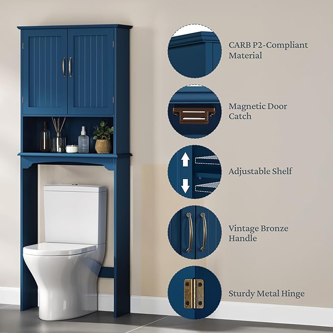 Yaheetech Over The Toilet Storage with 2 Doors & Adjustable Shelf, Free Standing Toilet Rack Wooden Space-Saving Collect Cabinet, Bathroom Furniture, L24.5xW9xH66 in, Navy Blue