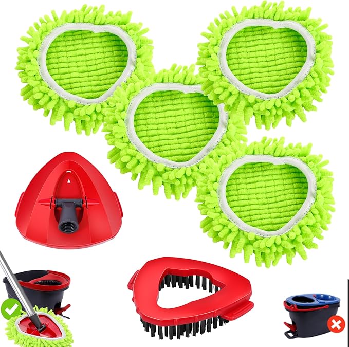 6 Pack Spin Mop Replacements Head Compatible for Oceda EasyWring 1-Tank System,Microfiber Spin Mop Refills Head,1 Mop Scrub Brush + 1 Mop Base + 4 Pack Cleaning Floor Mop Head（Green)