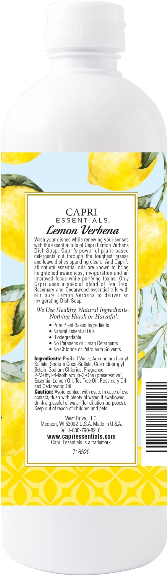 CAPRI ESSENTIALS Dish Soap Liquid, Natural Household Cleaning, Plant Based Aromatic Dish Detergent, Blend of Essential Oils with Tea Tree, Rosemary & Cedarwood, Lemon Verbena, 16 FL Oz (3 Pack)