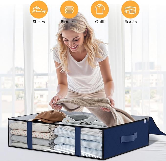StorageRight Under Bed Storage Bags 10 Pack, 40L Large Clothes & Comforter Storage Containers with Clear Window, Breathable Fabric Organizer for Blankets, Bedding, Seasonal Clothing, Blue