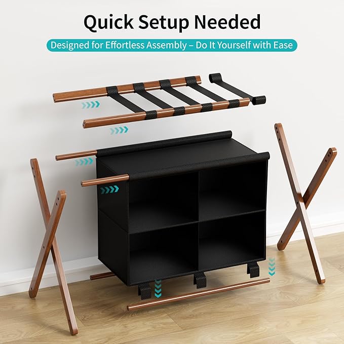 Bamboo Luggage Rack with 4 Storage Compartments, Foldable Suitcase Stand for Guest Room, 150lbs Capacity, Sturdy, Space-Saving and Easy to Assemble Organizer