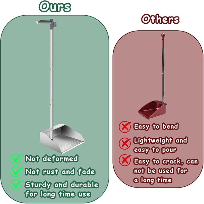 Dust Pans with Long Handle,Heavy Duty Metal Dust Pan with Handle,Upright Stand Up Dustpan with Dust Pan Teeth to Clean Hair for Home Kitchen Office Lobby Floor Garden