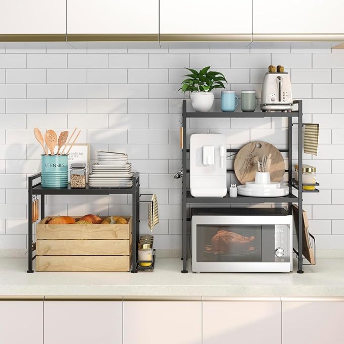 DOLALIKE Microwave Oven Rack, Expandable Microwave Stand Kitchen Countertop Organizer Utensils Storage, Carbon Steel Over Microwave Shelf with 3 Hooks (Black, 2 Tier- With Storage)