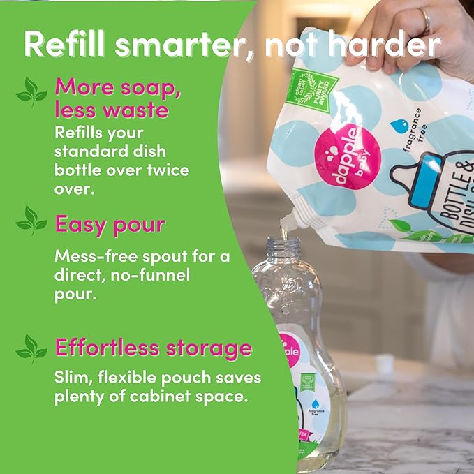Dapple Baby Bottle Soap, Hypoallergenic Dish Soap for Baby Bottles, Powered by Plants, Fragrance Free, 34 Fl Oz (Pack of 2)