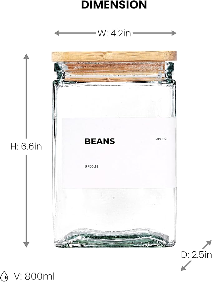APT 1101 26 oz Glass Storage Jars with Bamboo Lid, set of 6, glass canisters with airtight lids, Clear jars with lids for Cookie, Candy, Tea, Coffee Bean and Rice (White)