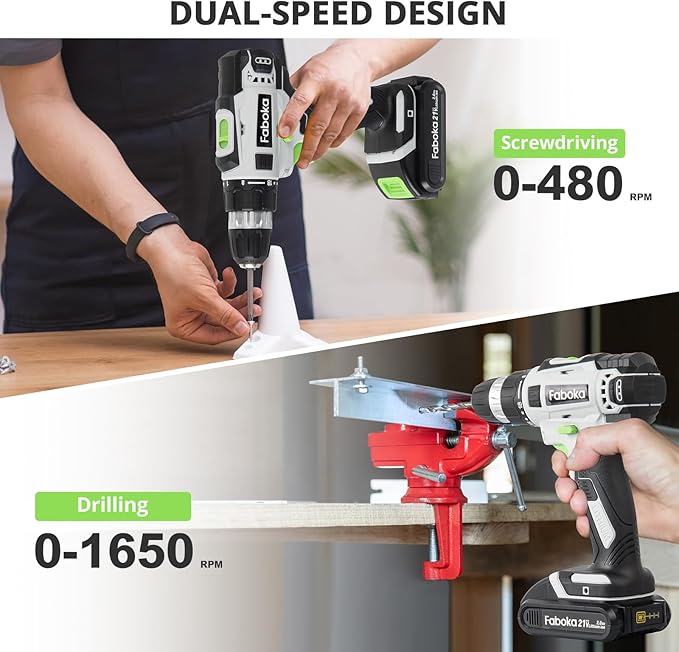 21V Cordless Drill Set, Power Drills Kit with 2.0Ah Battery and Charger, Electric Driver/Drill Bits, Max Torque 40Nm, 3/8-Inch Keyless Chuck, Variable Speed, LED Light, for DIY Home Repair