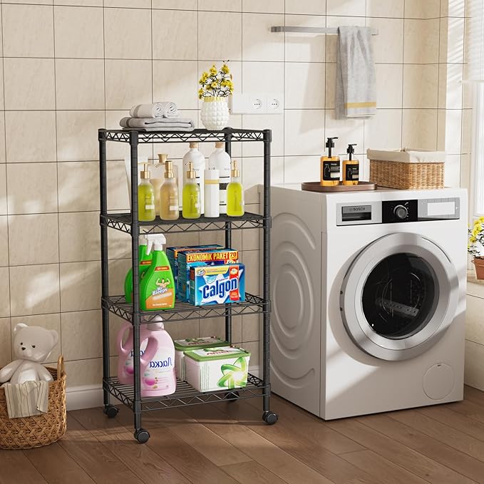 Golpart Small 4 Tier Shelves Storage Wire Shelving Unit Metal Shelf Adjustable Organizers Storage Shelving with Wheels for Bathroom Laundry Room Kitchen Pantry12”D x 18”W x 44.8”H Black