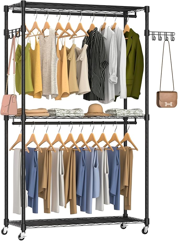 Heavy Duty Rolling Garment Rack, 3 Tiers Wire Shelves Adjustable Freestanding Portable Rolling Clothing Rack with Lockable Wheels, 44.9''L x 15.8''W x 78.8''H, Max Load 600LBS