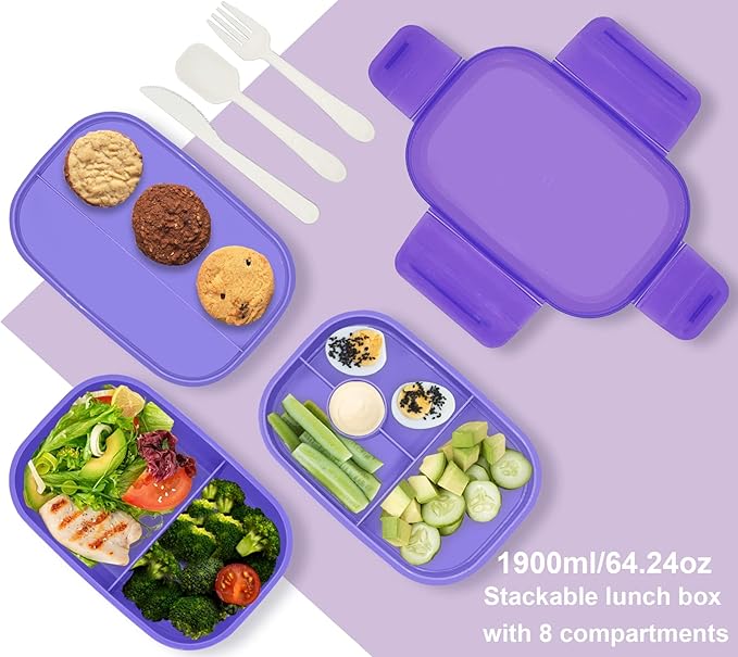JBGOYON® Bento Lunch Box with Bag - All-in-One Stackable Lunch Containers with 3 Layers for Adults & Kids, 1900 ML Modern Bento-Style Design, Built-in Utensil Set, Lunch Bag (Purple)