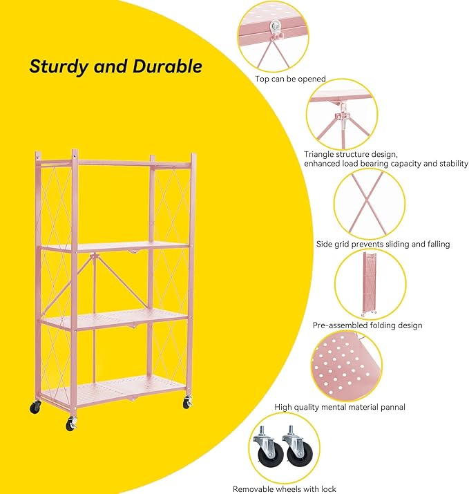 BRIAN & DANY 4-Tier Foldable Storage Shelves with Wheels, Folding Metal Rack Shelving Unit, Heavy Duty No Assembly Organizer Shelf for Garage, Kitchen, Basement, Pantry, Pink