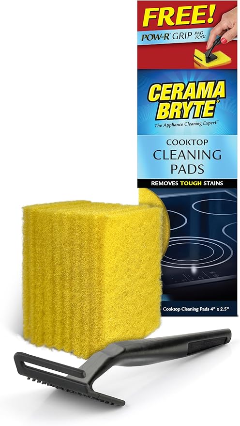 Cerama Bryte 10 Pack Cleaning Pads Cooktop, Stove Top Cleaner and Glass includes 1 Pow-R Grip Tool for easy cleaning