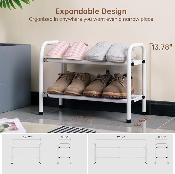 Gonfoam 2-Tier Expandable Shoe Rack,Adjustable Shoe Shelf Storage Organizer Heavy Duty Metal Free Standing Shoe Rack for Entryway Closet Doorway (White)