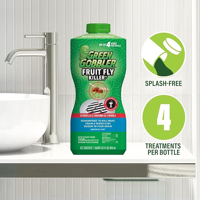 Green Gobbler Fruit Fly Killer+ - Kills Fruit Flies, Drain Flies & Sewer Flies, Gel Treatment for Use in Sinks & Pipes - Safe for Septic Systems, 32oz