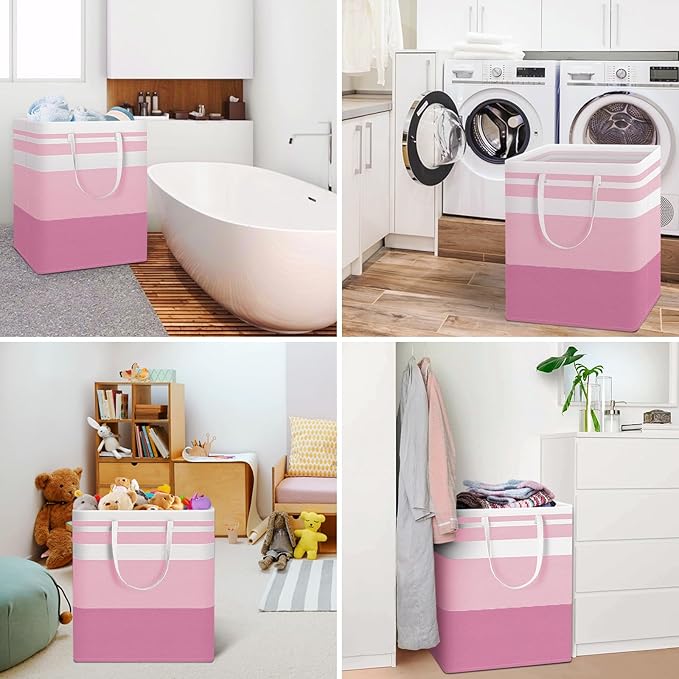 HomeHacks 2 Pack Large Laundry Baskets, Waterproof, Freestanding Laundry Hampers, Collapsible Clothes Hamper with Reinforced Handles in Laundry, College Dorm, Bathroom, Bedroom (Pink, 100Lx2)