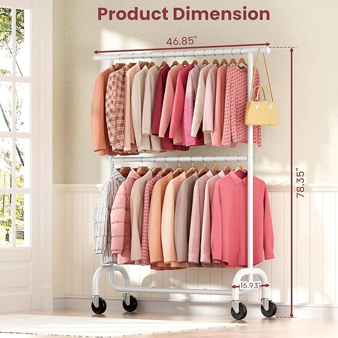 Heavy Duty Clothes Rack, 78.35" Rolling Clothing Rack for Hanging Clothes with Lockable Wheels, 6-Level Adjustable Double Rod Garment Rack for Bedroom, Laundry, Clothing Store, White