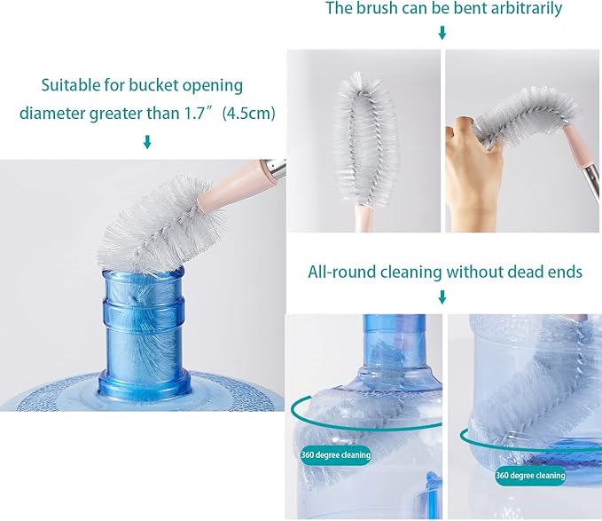 2 Pack 28" Long Bottle Brush, 3 & 5 Gallon Bottle Cleaner Brush, Nylon Bristles and Stainless Steel Handle Bendable Replaceable Brush Head Bottle Cleaning Brush