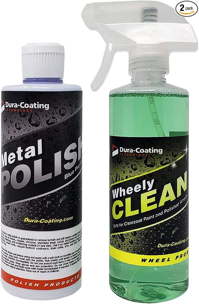 DURA-COATING TECHNOLOGY, Blue Premium Metal Polish - Perfect for Aluminum Wheels, Diamond Plate, Stainless Steel, Copper, Brass, & Nickel - 16oz Polish + 16oz Wheely Clean (Wheel and Tire Cleaner)