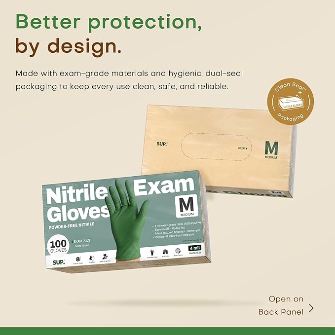 SUP Disposable Nitrile Gloves, Powder-Free Latex-Free Food Safe Cooking Home Cleaning Non-Sterile Glove, Moss Green, 100 Ct