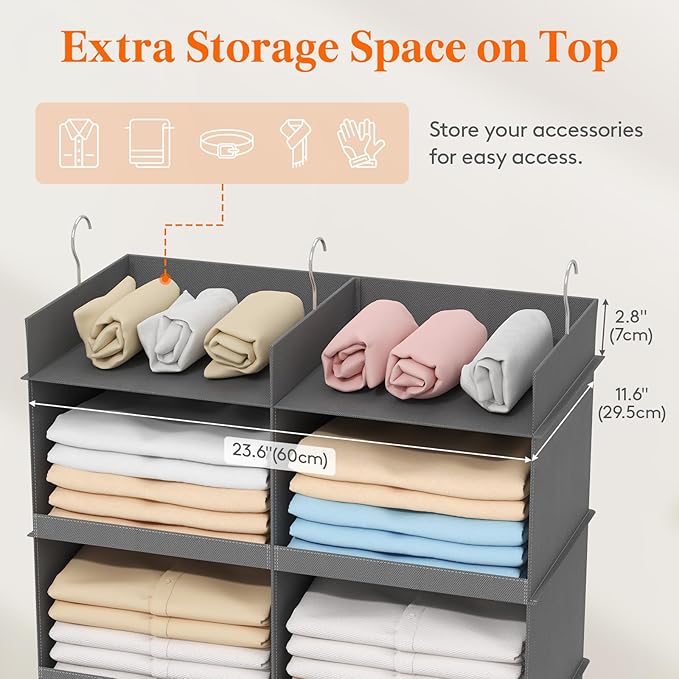 Lifewit Dual-Row Shelf Hanging Closet Organizer and Storage, Clothes Shelves with 3 Sturdy Hooks for Clothing Organization, Foldable Container Hold Up to 24 Sweaters, 4 Tier 8 Sections, Gray