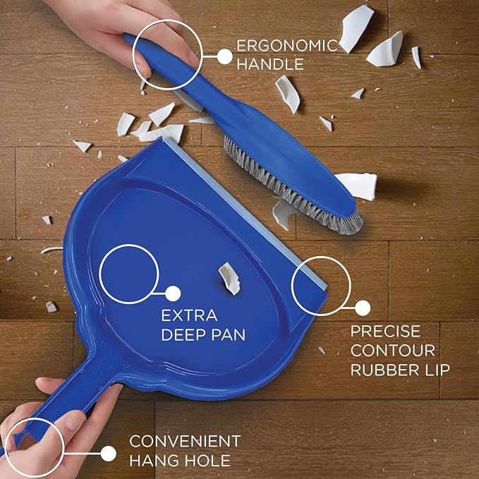 LOLA Clip On Dust Pan & Brush Set, w/Easy Dust, Dirt & Debris Catching Rubber Lip, Flagged Fiber Bristled Brush, Hang Hole for Easy Storage