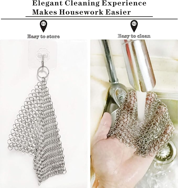 Cast Iron Cleaner - 6 Inch Stainless Steel Chain mail Scrubber for Cast Iron Pans Cleaner Chainmail Scrubber for Skillet, Wok, Pot, Dutch Ovens