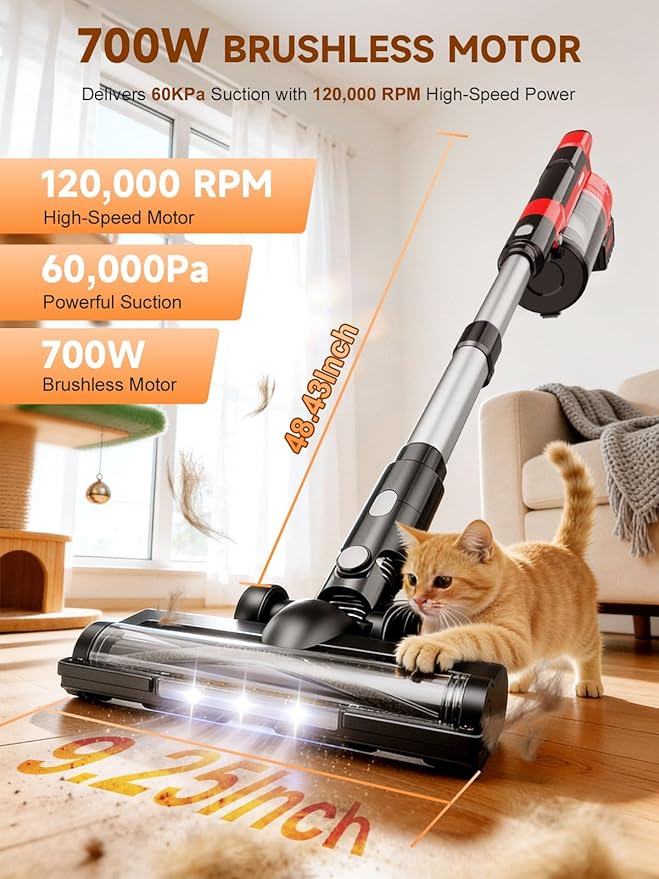 60KPa Cordless Vacuum Cleaner for Home, 700W Brushless Motor Handheld Vacuum, Dual 8000mAh Batteries, Up to 70-Min Runtime, 2L Dust Cup, LED Display, Anti-Tangle for Pet Hair, Carpet & Hardwood Floors