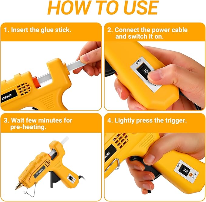 Hot Glue Gun Full Size: DEKOPRO 60/100Watt Dual Temp Hot Glue Gun Kit with 25 Glue Sticks, Organize Storage Case, Heavy Duty Heat Glue Gun Tool Set for Home Repair, Art & Crafts, DIY, Yellow