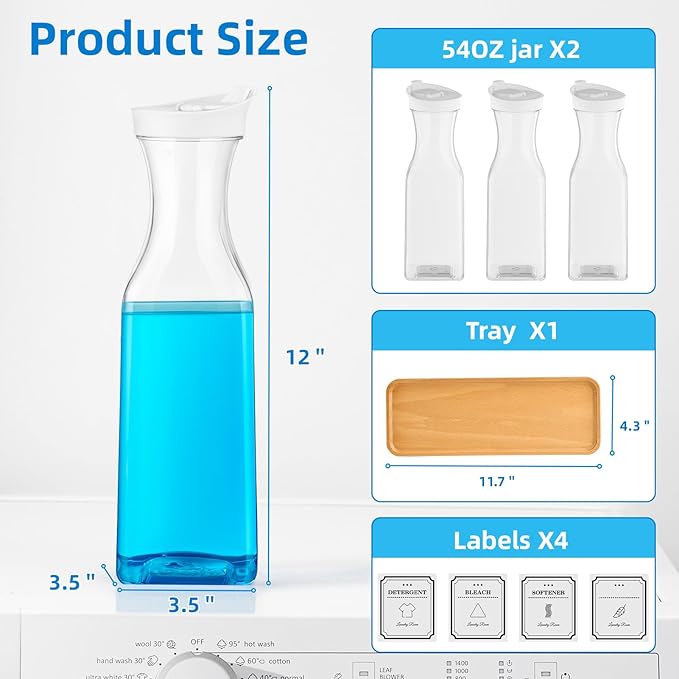 Laundry Detergent Dispenser,54OZ Laundry Soap Dispenser,Liquid Laundry Detergent Container,Fabric Softener Dispenser with Bamboo Wood Tray,Laundry Room Organizer with 4 Labels