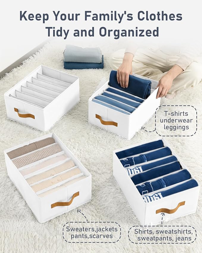 DIMJ Large Wardrobe Clothes Organizer - 4 Packs Fabric Closet Storage Organizer with Handles, Foldable Closet Organizers Dividers for Clothing Jeans Pants Sweater T-shirt