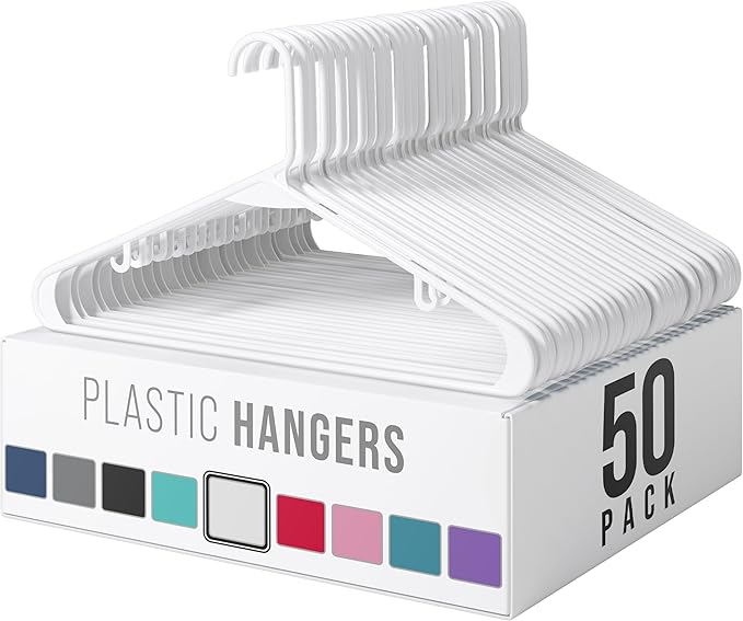 Plastic Hangers 50 Pack White - Clothes Hangers - Makes The Perfect Coat Hanger and General Space Saving Clothes Hangers for Closet - Percheros Ganchos para Colgar Ropa Hangars
