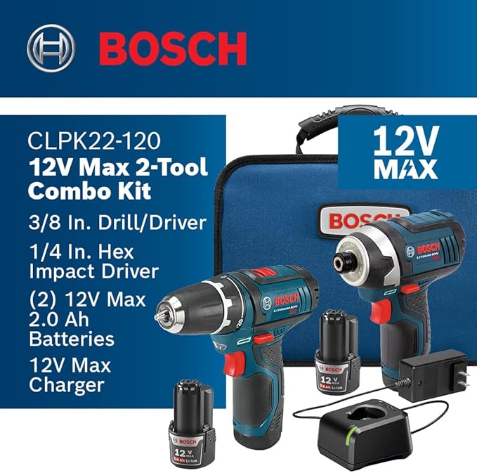 BOSCH CLPK22-120 12V Max Cordless 2-Tool Combo Kit with 3/8 in. Drill/Driver, 1/4 in. Impact Driver, (2) 2 Ah Batteries, Charger and Case